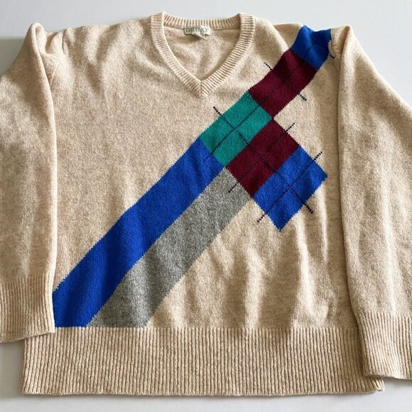 Vintage Cattivo Mens V Neck Large 100% Lambs Wool Sweater Beige Color Geometric - Picture 3 of 11